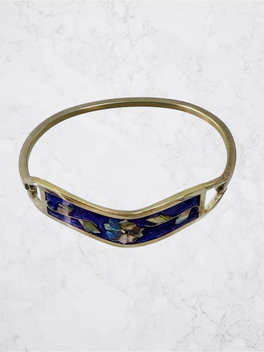 Vintage Taxco Mexico Abalone Inlaid Hinge Bangle Purple Bracelet Floral 6.5” - Picture 3 of 8